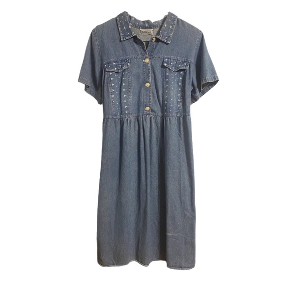 VTG Shirt Waist Embroidery Prairie Dress Blue Denim Cottage Midi 22/24 Plus Size - Picture 1 of 13